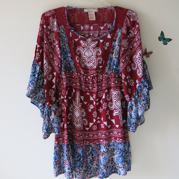 Flying Tomatoe Bell Sleeves Rayon Cotton Blend Red Blue Bohemian Dress Size L - Picture 2 of 9